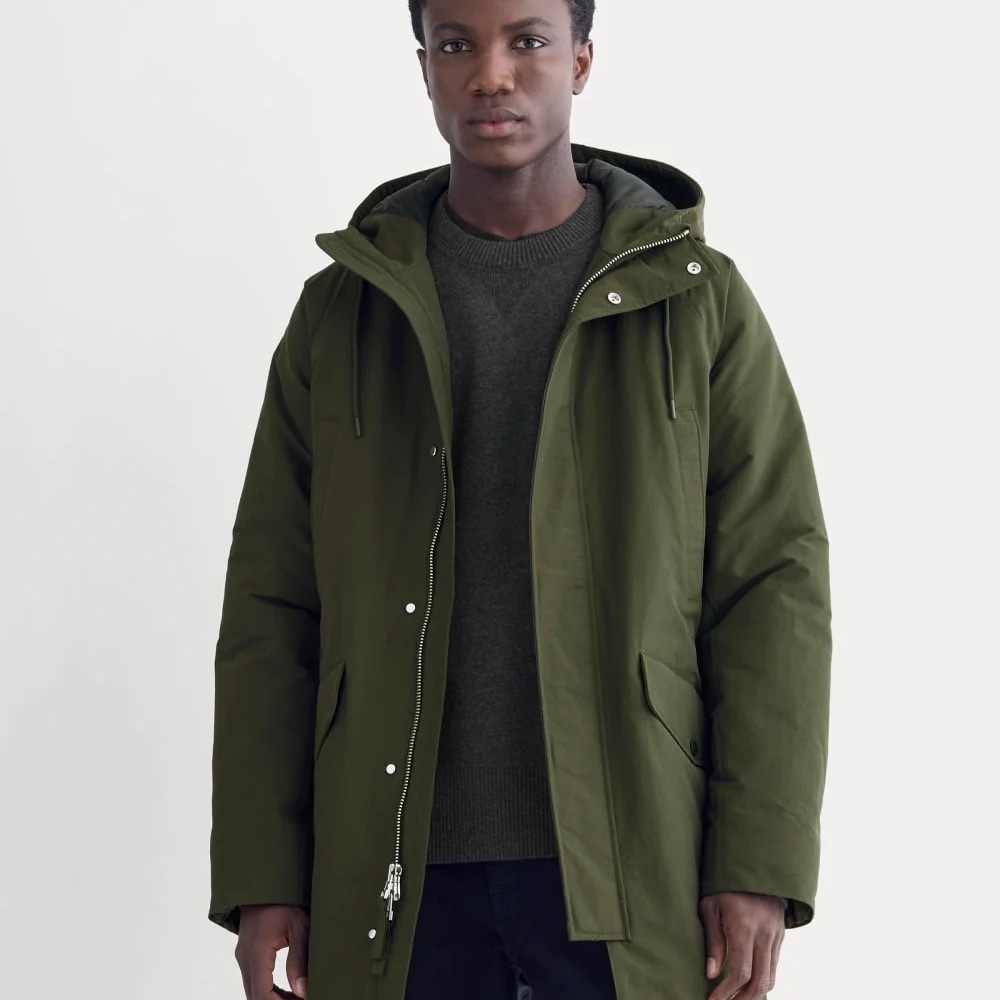 Everlane Men's Hooded Puffer Coat in Dark Green “The Parka”